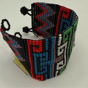 Handcrafted Multicolor Seed Bead Cuff Bracelet - Bold Tribal Pattern